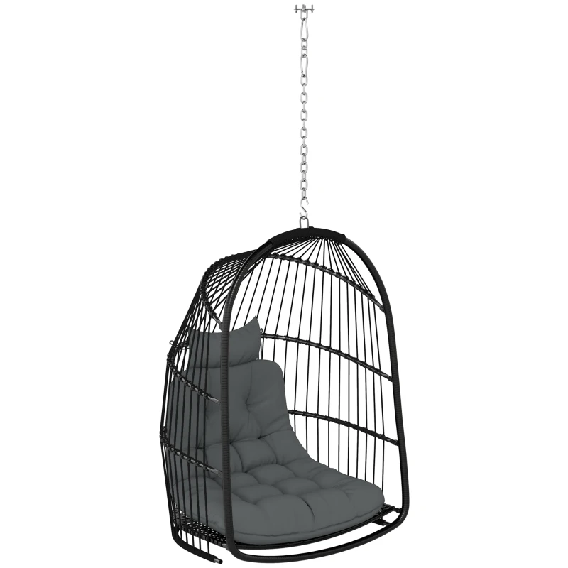 Best Hanging Egg Chair, Foldable Rattan Garden Swing Chair with Installation Kit, Thickened Cushion and Headrest, Indoor Outdoor Hanging Egg Basket Seat for Patio, Porch, Dark Grey