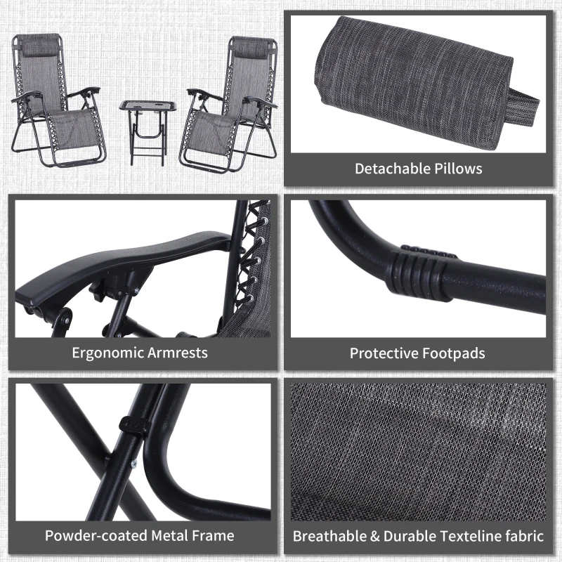 Best 3pcs Folding Zero Gravity Chairs Sun Lounger Table Set w/ Cup Holders Reclining Garden Yard Pool, Light Grey - Image 7