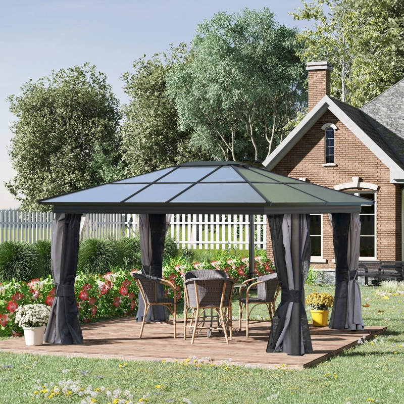 Best 3.6 x 4m Hardtop Gazebo Canopy with Polycarbonate Roof, Aluminium Frame, Permanent Pavilion Garden Gazebo with Netting and Curtains for Patio, Deck, Dark Grey - Image 11