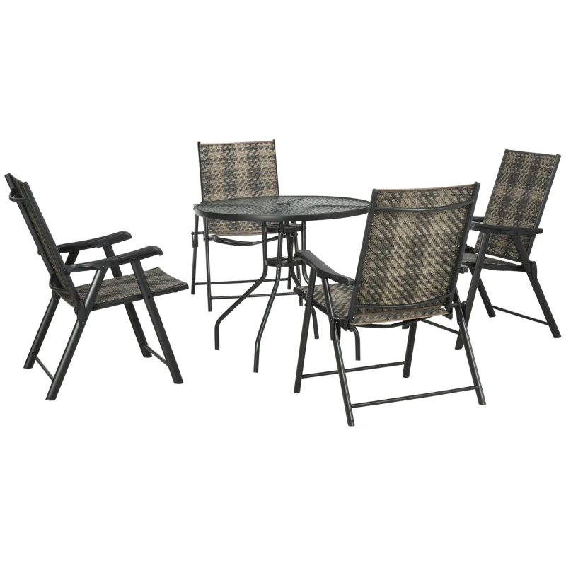 Best 4 Seater Rattan Dining Set, Rattan Garden Furniture Set with Parasol Hole, Outdoor Dining Table and Chairs with 4 Armchairs, Round Glass Top Table for Patio, Balcony, Mixed Grey