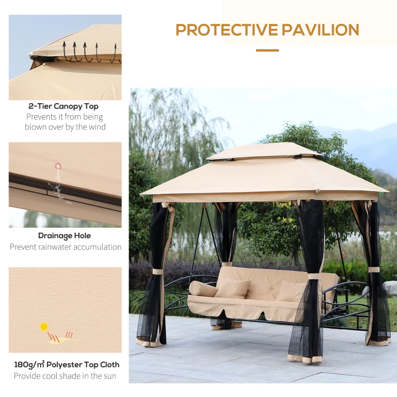 Best 3 Seater Swing Chair 3-in-1 Convertible Garden Swing Seat Bed Gazebo Patio Bench Outdoor with Double Tier Canopy, Cushioned Seat, Mesh Sidewalls, Beige - Image 7