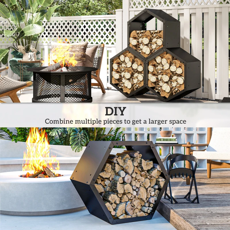 Best Fireplace Log Rack, Steel Firewood Log Holder, 3 Hexagon Boxes, Indoor Outdoor Wood Storage Shelf, 113 x 37 x 113cm, Black - Image 6