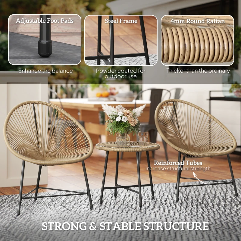 Best 3 Pieces Rattan Bistro Set, Garden Bistro Set with Acapulco Chairs and Glass Top Table, Small Garden Furniture Set with Reinforced Metal Frame for Outdoor, Patio, Balcony, Natural - Image 7