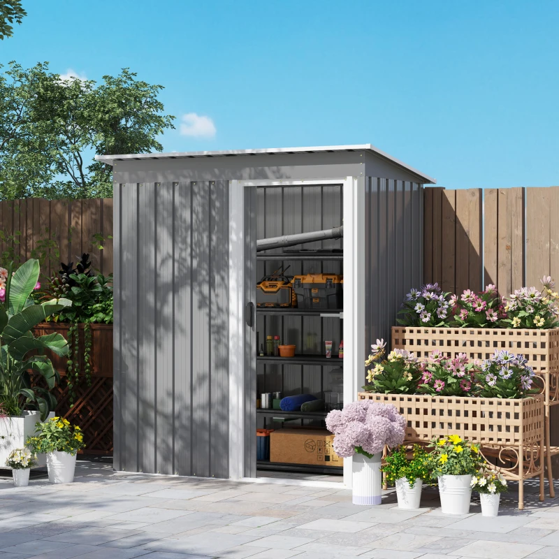 Best 5 x 3ft Garden Storage Shed with Sliding Door and Sloped Roof Outdoor Equipment Tool, Light Grey - Image 2