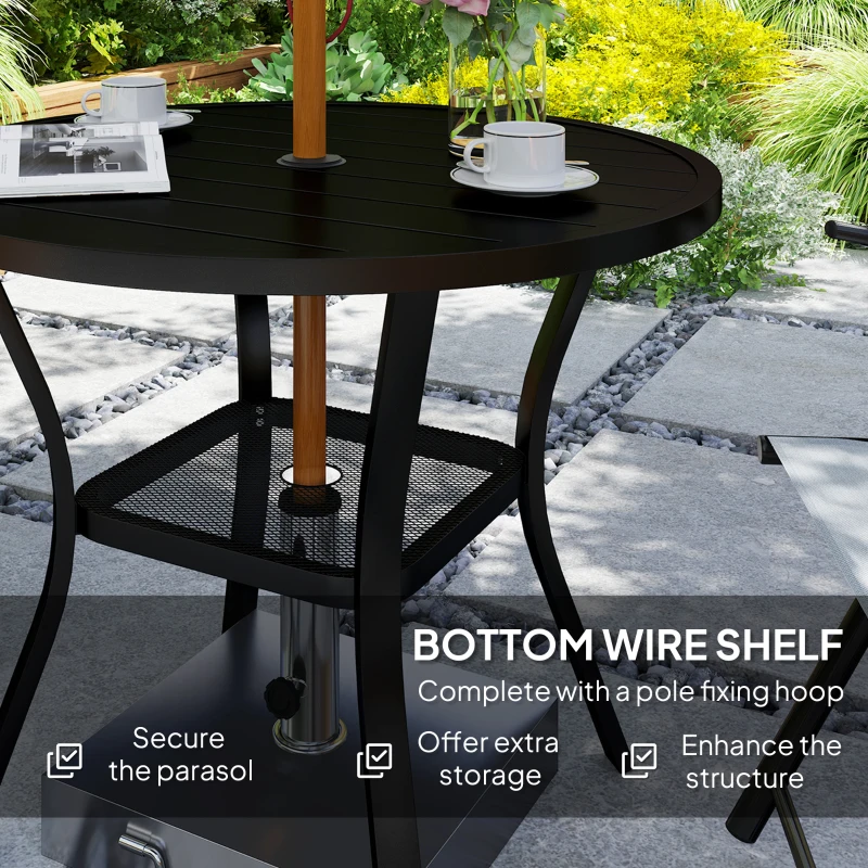 Best 90 cm Garden Dining Table with 4-5 cm Parasol Hole, Round Outdoor Dining Table, Steel Garden Table with Slatted Metal Top and Wire Shelf for Balcony, Porch, Black - Image 7