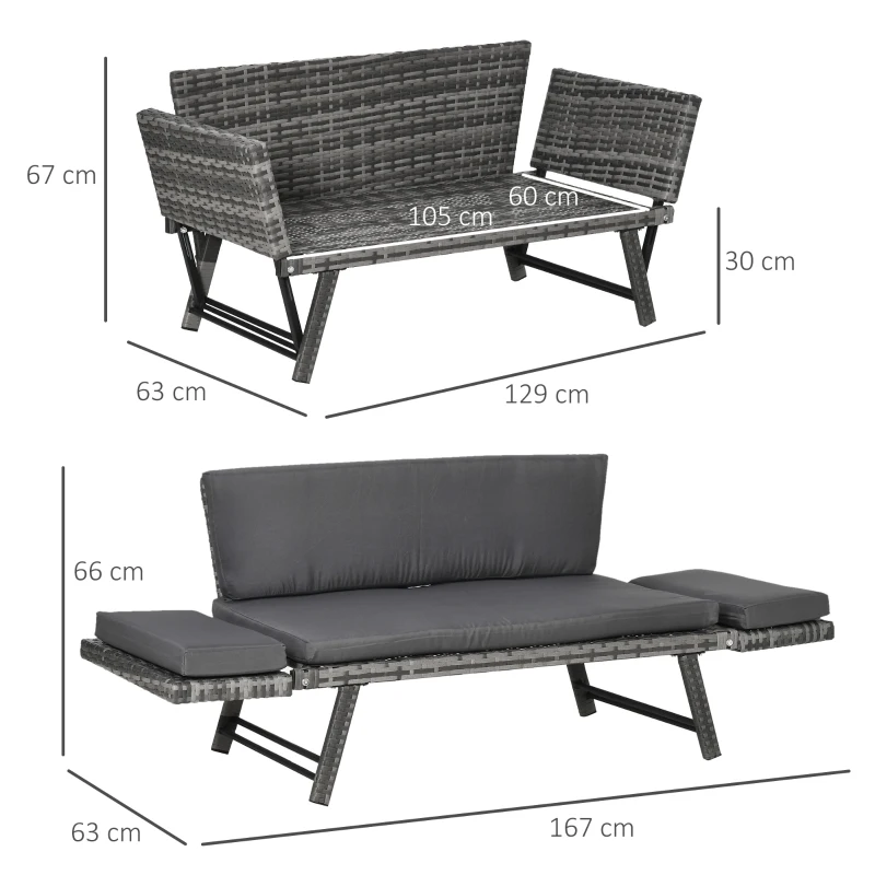 Best 2 Seater Rattan Sofa with Cushions, 2-in-1 PE Rattan Daybed Sofa with Left Up or Down Armrests, Garden Chaise Lounger Loveseat for Outdoor, Patio, Mixed Grey - Image 3