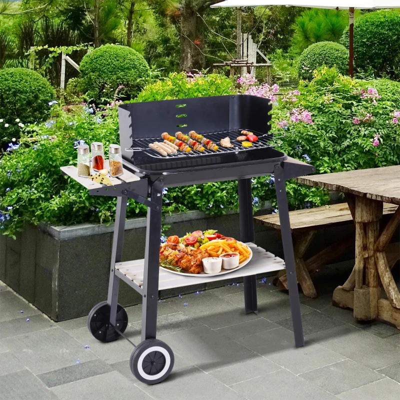 Best Trolley Charcoal BBQ Barbecue Grill Outdoor Patio Garden Heating Smoker with Side Trays Storage Shelf and Wheels - Image 2