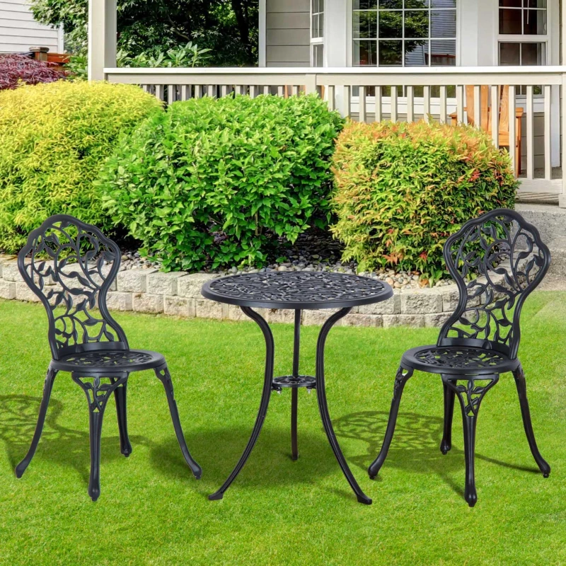 Best 3 Pcs Aluminium Bistro Set Garden Furniture Dining Table Chairs Antique Outdoor Seat Patio Seater Black - Image 2