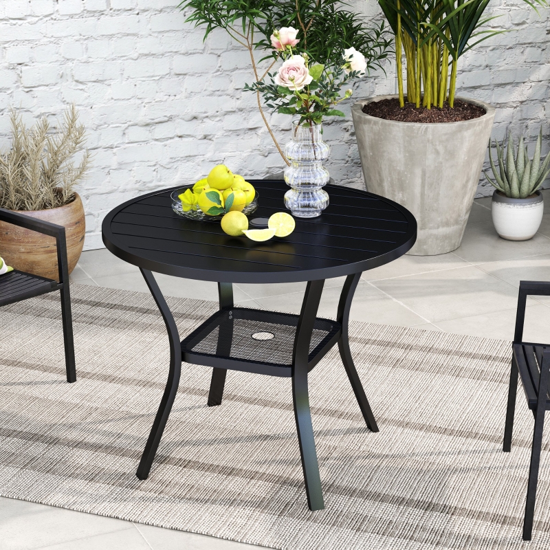 Best 90 cm Garden Dining Table with 4-5 cm Parasol Hole, Round Outdoor Dining Table, Steel Garden Table with Slatted Metal Top and Wire Shelf for Balcony, Porch, Black - Image 10