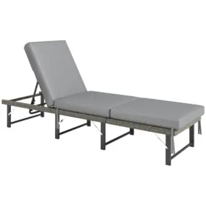 Best Single Folding Rattan Sun Lounger, with Cushion - Grey