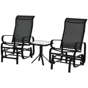 Best 3 Pieces Garden Gliding Chair Set, Metal Frame 2 Single Armchair Swing Seater and 1 Glass Top Coffee Table w/ Breath Mesh Fabric Seat, Black