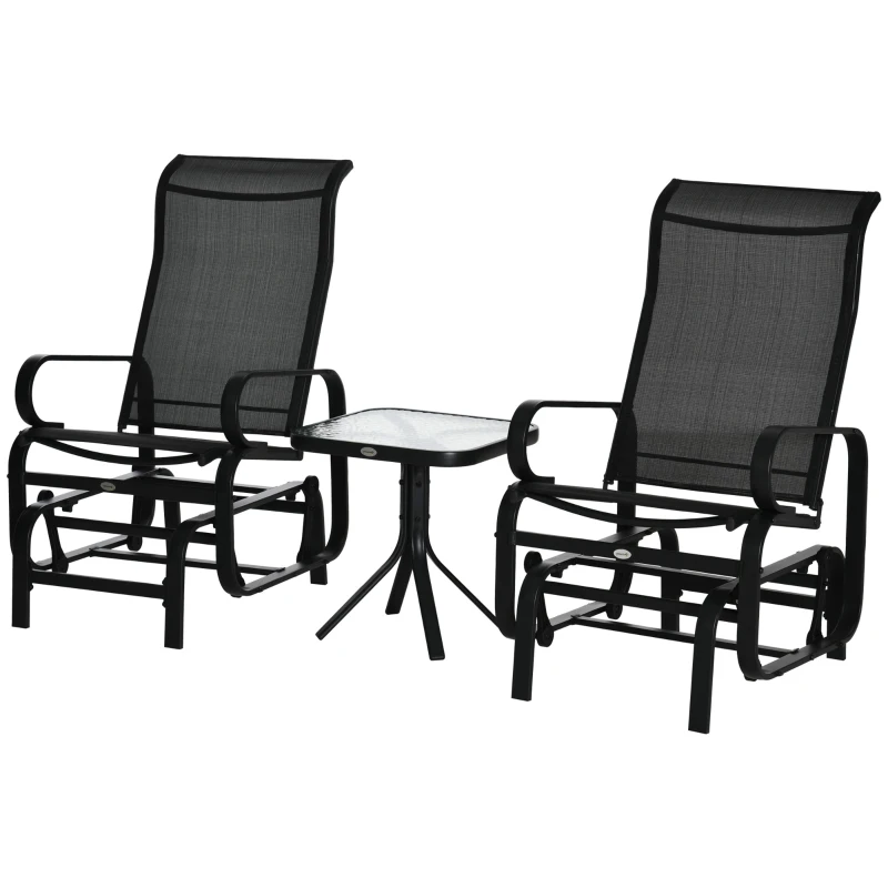 Best 3 Pieces Garden Gliding Chair Set, Metal Frame 2 Single Armchair Swing Seater and 1 Glass Top Coffee Table w/ Breath Mesh Fabric Seat, Black