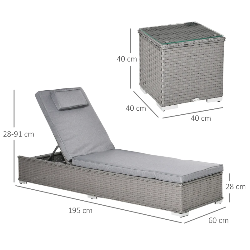 Best 3 Pieces Rattan Sun Lounger Set with Aluminium Frame, 5-Position Adjustable Reclining Garden Chairs and Glass Top Table, Wicker Garden Furniture Daybed with Cushions for Patio, Grey - Image 3