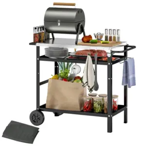 Best BBQ Trolley with Stainless Steel Top Adjustable Shelf, Outdoor Kitchen BBQ Station with Hooks Seasoning Tray Towel Rack, Pizza Oven Table Movable Outdoor Grill Dining Cart with Cover, Black