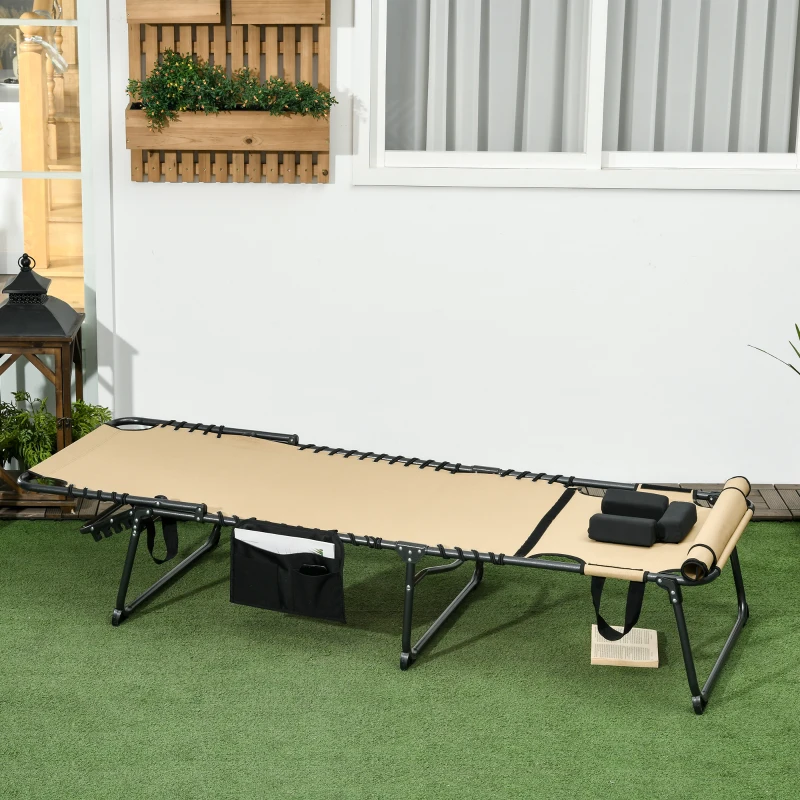 Best Folding Sun Lounge with 5-level Reclining Back, Outdoor Tanning Chair with Reading Hole, Outdoor Sun Lounge with Side Pocket, Headrest, for Beach, Yard, Patio, Beige - Image 2