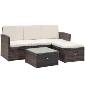 Best 3 Pieces Outdoor PE Rattan Corner Sofa Set with Thick Cushions, Patio Rattan Garden Furniture with Glass Top Coffee Table and Footstool, Brown