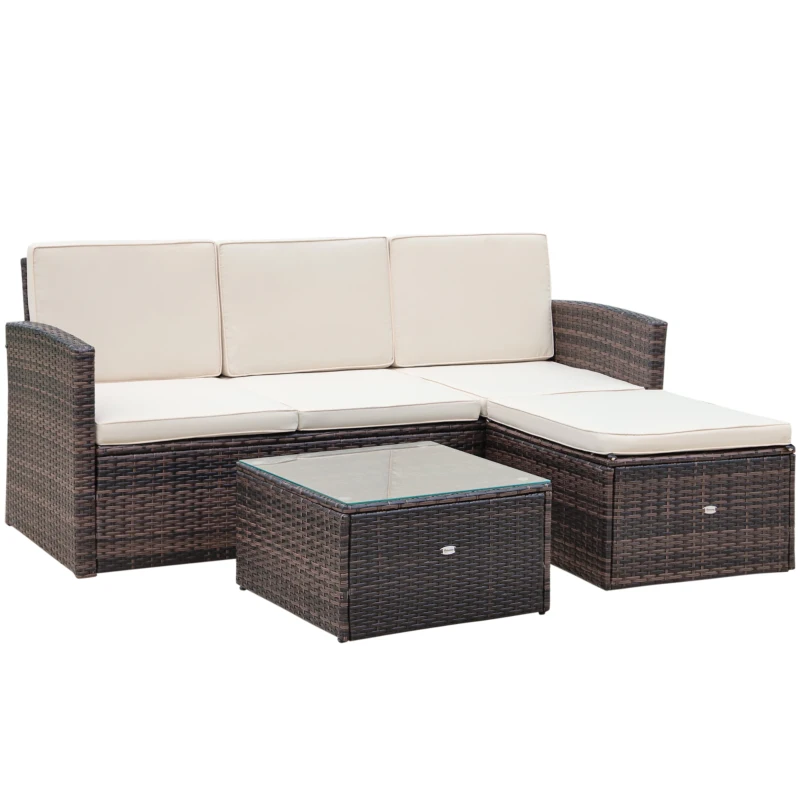 Best 3 Pieces Outdoor PE Rattan Corner Sofa Set with Thick Cushions, Patio Rattan Garden Furniture with Glass Top Coffee Table and Footstool, Brown