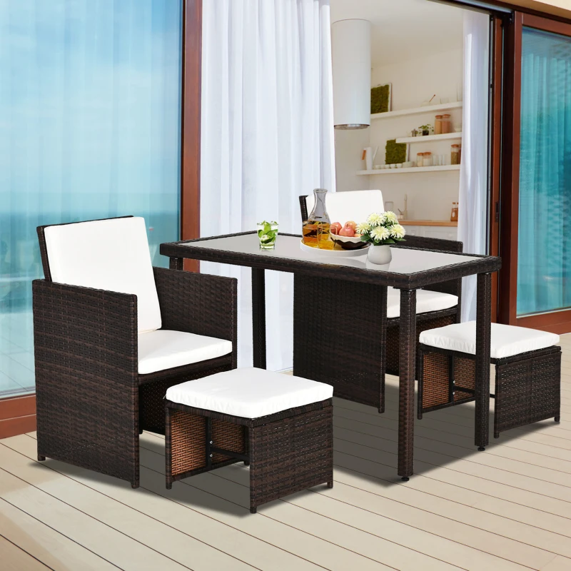 Best 2 Seater Rattan Cube Garden Furniture Set, Rattan Dining Set with Cushions, Outdoor Dining Table and Chairs with 2 Armchairs, 2 Stools, Rectangular Glass Top Table for Patio, Balcony, Brown - Image 2