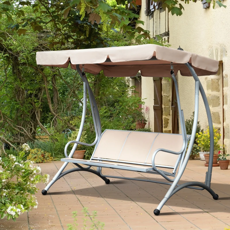 Best 3 Seater Garden Swing Seat Bench Steel Swing Chair with Adjustable Canopy for Outdoor Patio Porch - Beige - Image 2