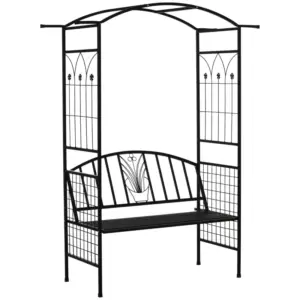 Best Steel Frame Outdoor Garden Arch w/ 2-Seater Bench Flower Climber Black