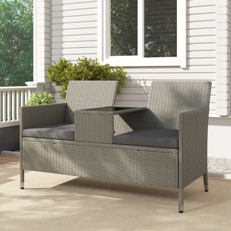 Best 2-Seater PE Rattan Outdoor Garden Bench w/ Centre Table Grey - Image 7