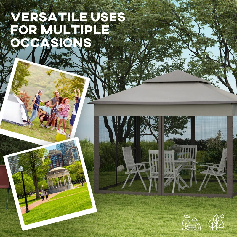 Best 3.25 x 3.25m Pop Up Gazebo, Double-roof Garden Tent with Netting and Carry Bag, Party Event Shelter for Outdoor Patio, Brown and Grey - Image 7
