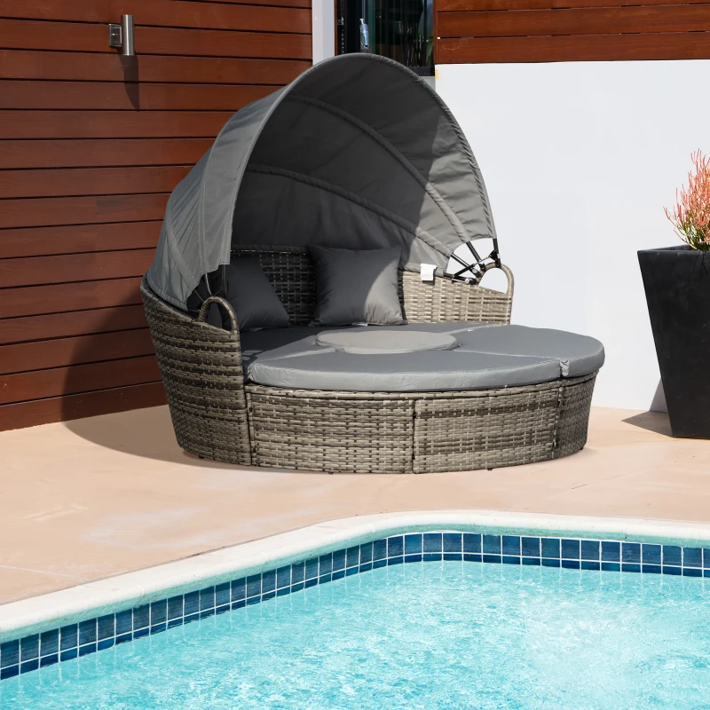 Best Outdoor PE Rattan Garden Furniture with Cushioned, Patio Wicker Conversation Furniture Set, Round Daybed with Retractable Canopy, Coffee Table and Three Pillows, Dark Grey - Image 2