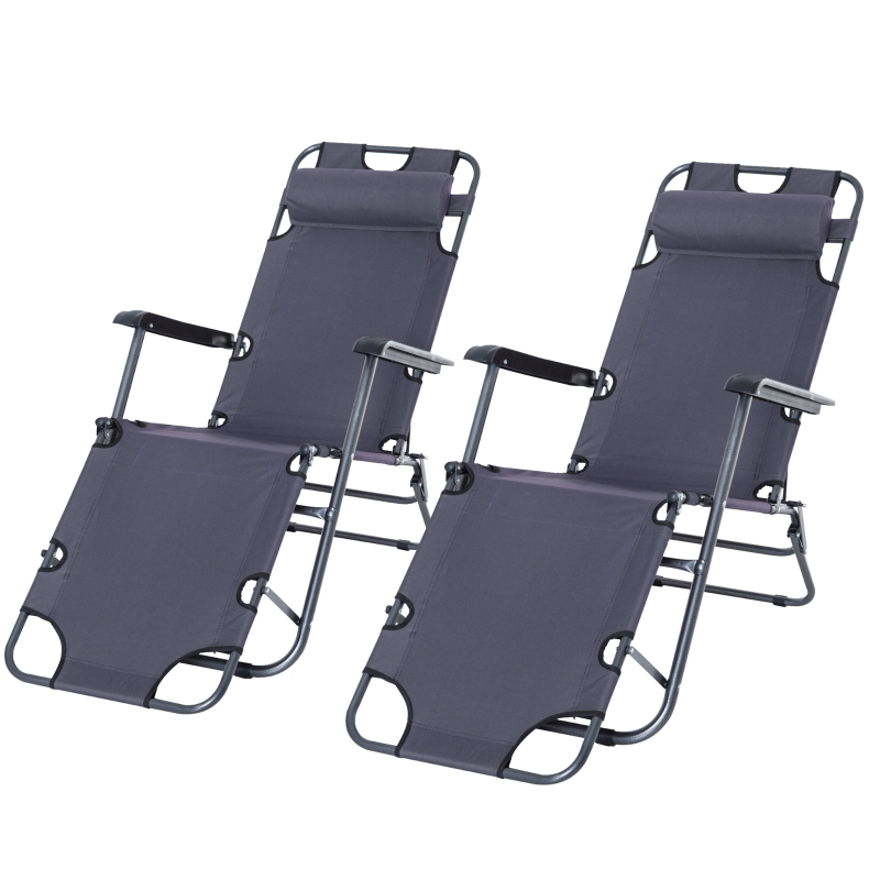 Best 2 Pieces 2 in 1 Sun Lounger Folding Reclining Chair Garden Outdoor Camping Adjustable Back with Pillow, Grey - Image 11