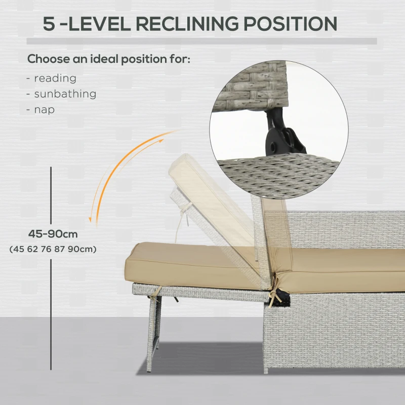 Best 5PC PE Rattan Sun Lounger, Outdoor Wicker 5-level Adjustable Recliner Sofa Bed with Storage Side Table and Footstools, for Patio, Garden, Poolside, Beige - Image 6