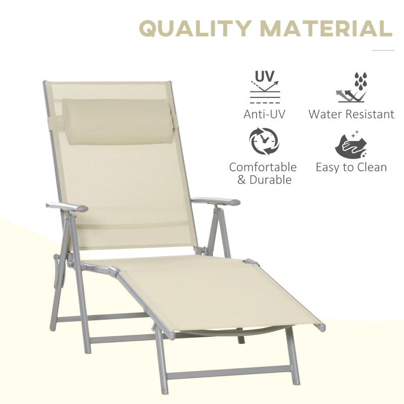 Best Steel Fabric Sun Lounger Outdoor Folding Chaise Lounge Chair Recliner with Portable Design & 7 Adjustable Backrest Positions - Beige - Image 4