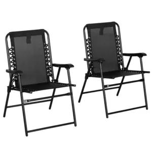 Best 2 Pcs Patio Folding Chair Set, Outdoor Portable Loungers for Camping Pool Beach Deck, Lawn w/ Armrest Steel Frame Black