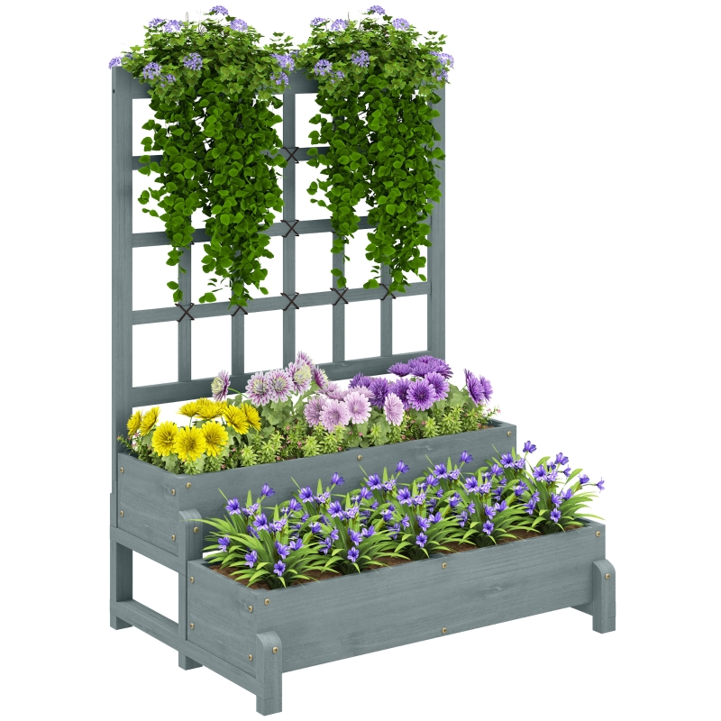 Best 2-Tier Raised Garden Bed with Trellis, Wooden Elevated Planter Box with Drainage Holes, Outdoor Raised Planter for Climbing Plants, Fruits, Vegetables, Flowers, Grey - Image 11