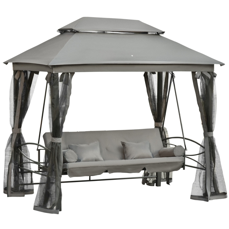 Best 3 Seater Swing Chair 3-in-1 Convertible Garden Swing Seat Bed Gazebo Patio Bench Outdoor with Double Tier Canopy, Cushioned Seat, Mesh Sidewalls, Grey - Image 10