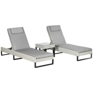 Best 3-piece PE Rattan Sun Lounger Set with Adjustable 5-Position Recliner, Patio Chaise Lounge Chair Set with Cushions, Headrests, Glass Top Square Coffee Table, Light Grey