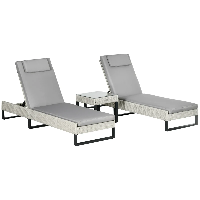 Best 3-piece PE Rattan Sun Lounger Set with Adjustable 5-Position Recliner, Patio Chaise Lounge Chair Set with Cushions, Headrests, Glass Top Square Coffee Table, Light Grey