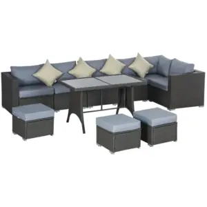 Best 9-Seater Garden Rattan Furniture 10 Pcs Rattan Corner Dining Sofa Set, Grey/Dusty Blue Cushion