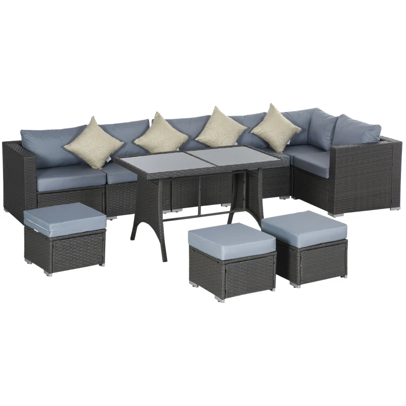 Best 9-Seater Garden Rattan Furniture 10 Pcs Rattan Corner Dining Sofa Set, Grey/Dusty Blue Cushion