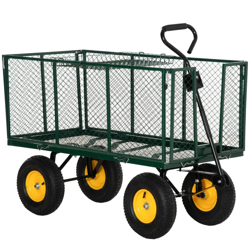 Best Large 4 Wheel Heavy Duty Garden Cart Truck Trolley Wheelbarrow with Handle and Metal Frame - Green - Image 14