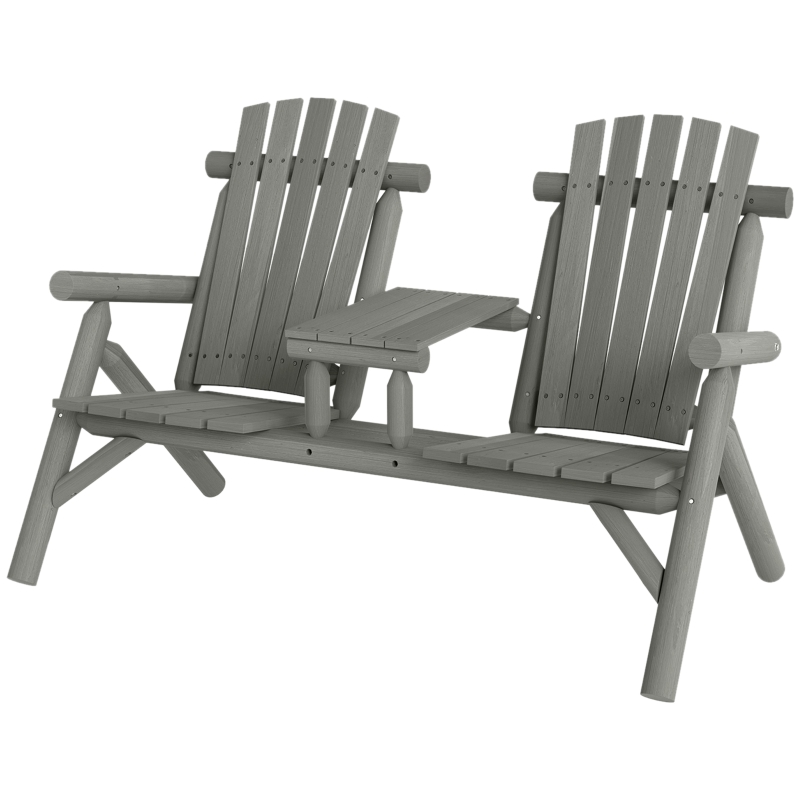 Best Wood Patio Chair Bench 2 Seats w/ Centre Coffee Table, Garden Bench, Grey - Image 11