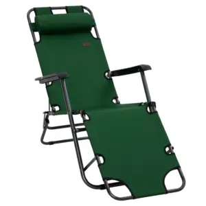 Best 2 in 1 Sun Lounger Folding Reclining Chair Garden Outdoor Camping Adjustable Back with Pillow, Green
