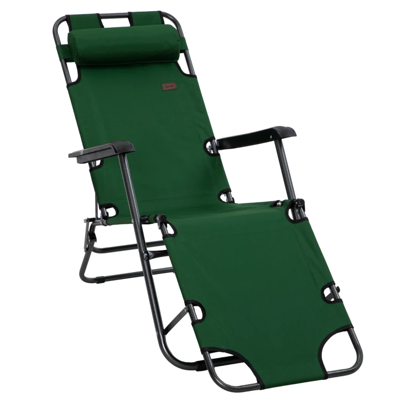 Best 2 in 1 Sun Lounger Folding Reclining Chair Garden Outdoor Camping Adjustable Back with Pillow, Green