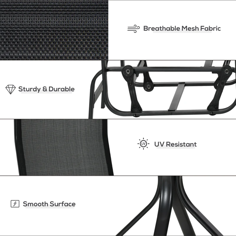 Best 3 Pieces Garden Gliding Chair Set, Metal Frame 2 Single Armchair Swing Seater and 1 Glass Top Coffee Table w/ Breath Mesh Fabric Seat, Black - Image 6