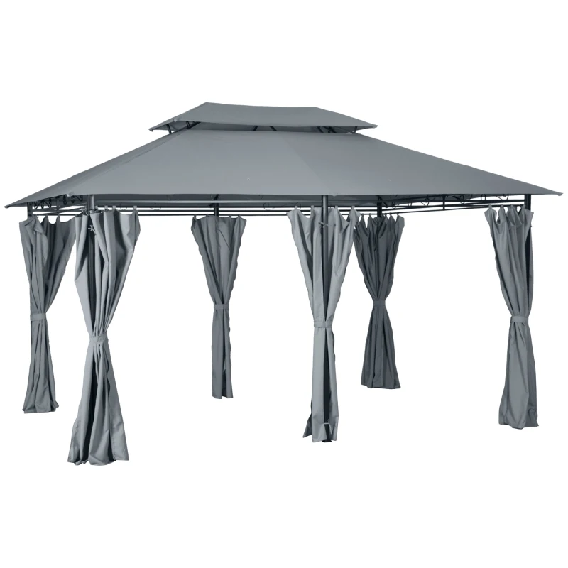 Best 4m x 3(m)Garden Gazebo, Double Roof Outdoor Gazebo Canopy Shelter with Curtains, Solid Steel Frame for Lawn and Deck, Grey