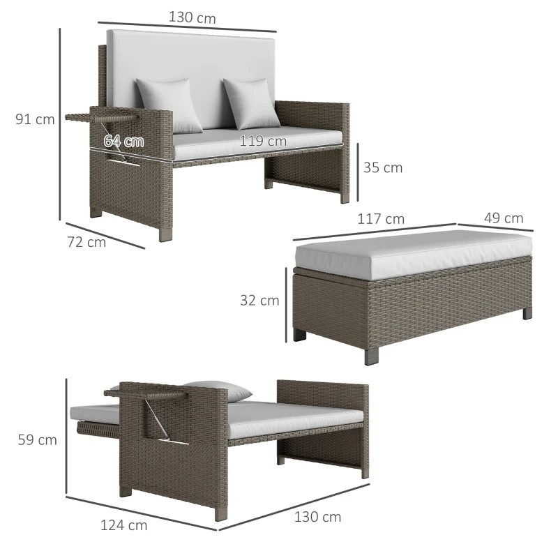 Best Rattan Day Bed, with Footstool - Light Grey - Image 3