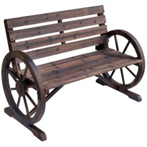 Best 2 Seater Garden Bench with Wooden Cart Wagon Wheel Rustic High Back Brown