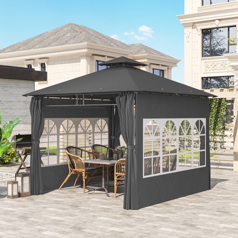 Best 3 x 3 m Garden Gazebo, Double Roof Metal Gazebo with Removable Sidewalls and Church Windows, Outdoor Canopy Shelter, Dark Grey - Image 9
