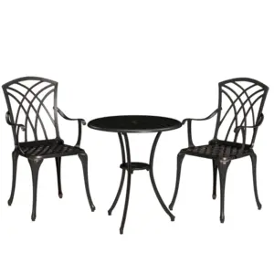 Best 3 Pieces Garden Dining Set for 2, Cast Aluminium Outdoor Dining Set with 2 Armchairs and Round Dining Table with Parasol Hole, Garden Furniture Set, Bronze Tone