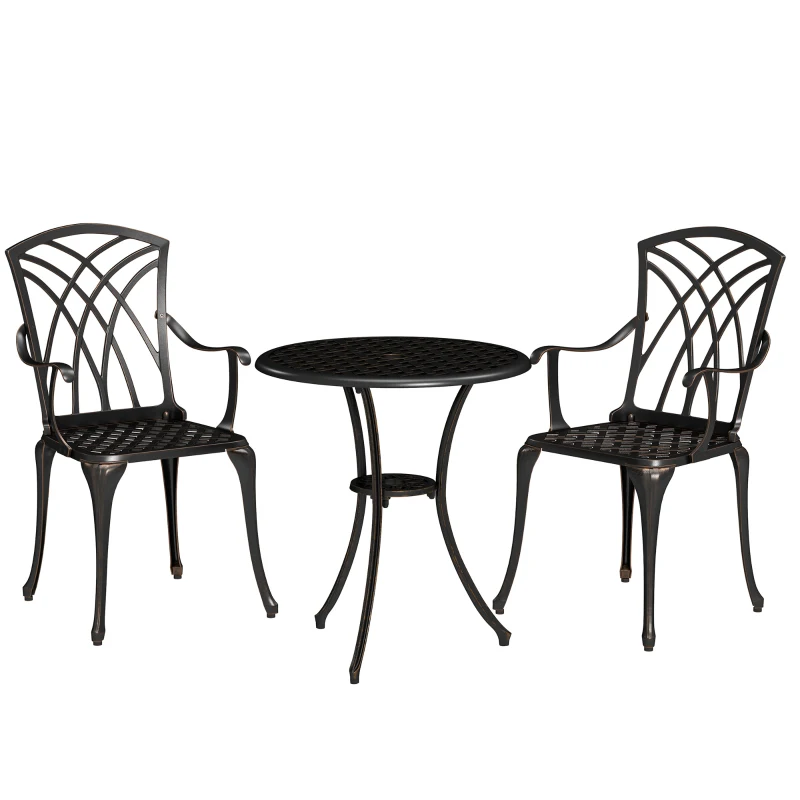 Best 3 Pieces Garden Dining Set for 2, Cast Aluminium Outdoor Dining Set with 2 Armchairs and Round Dining Table with Parasol Hole, Garden Furniture Set, Bronze Tone