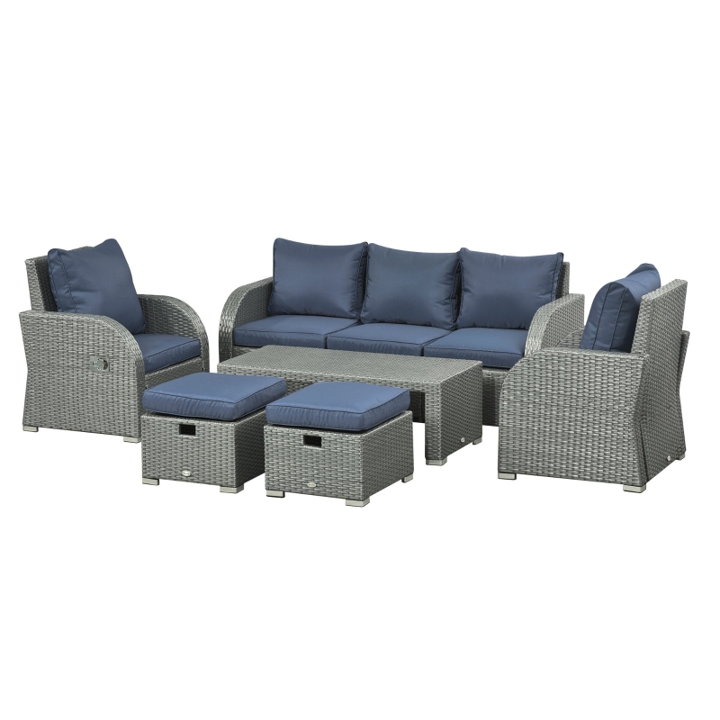 Best Six-piece Outdoor Rattan Dining Set, Outdoor Sofa Set with Reclining Armchairs and Mental Frame, Blue - Image 11