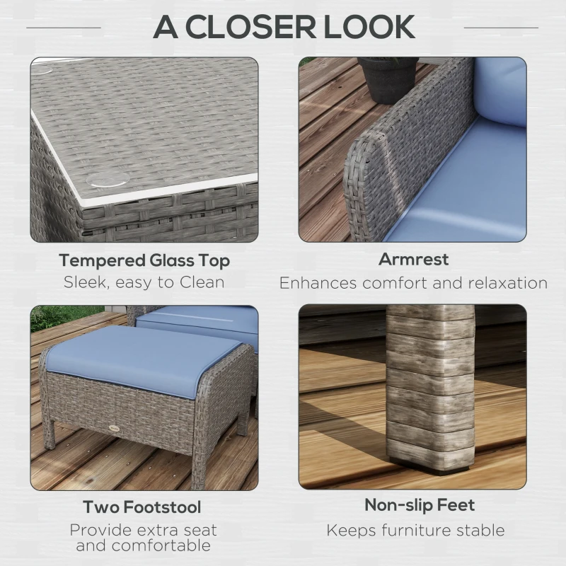 Best 5 Pieces PE Rattan Garden Furniture Set, Wicker Outdoor Sofa Set w/ 2 Armchairs 2 Stools Glass Top Table Cushions, Blue - Image 6